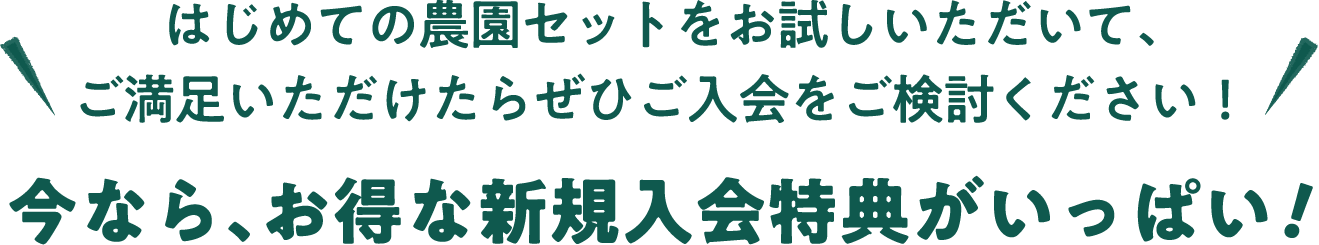 はじめての農園セットをお試しいただいて、ご満足いただけたらぜひご入会をご検討ください！今なら、お得な新規入会特典がいっぱい！